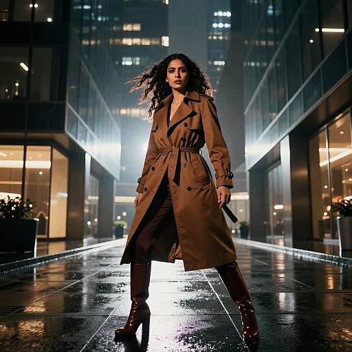 Confident Woman in Brown Trench Coat Night Urban Fashion Style