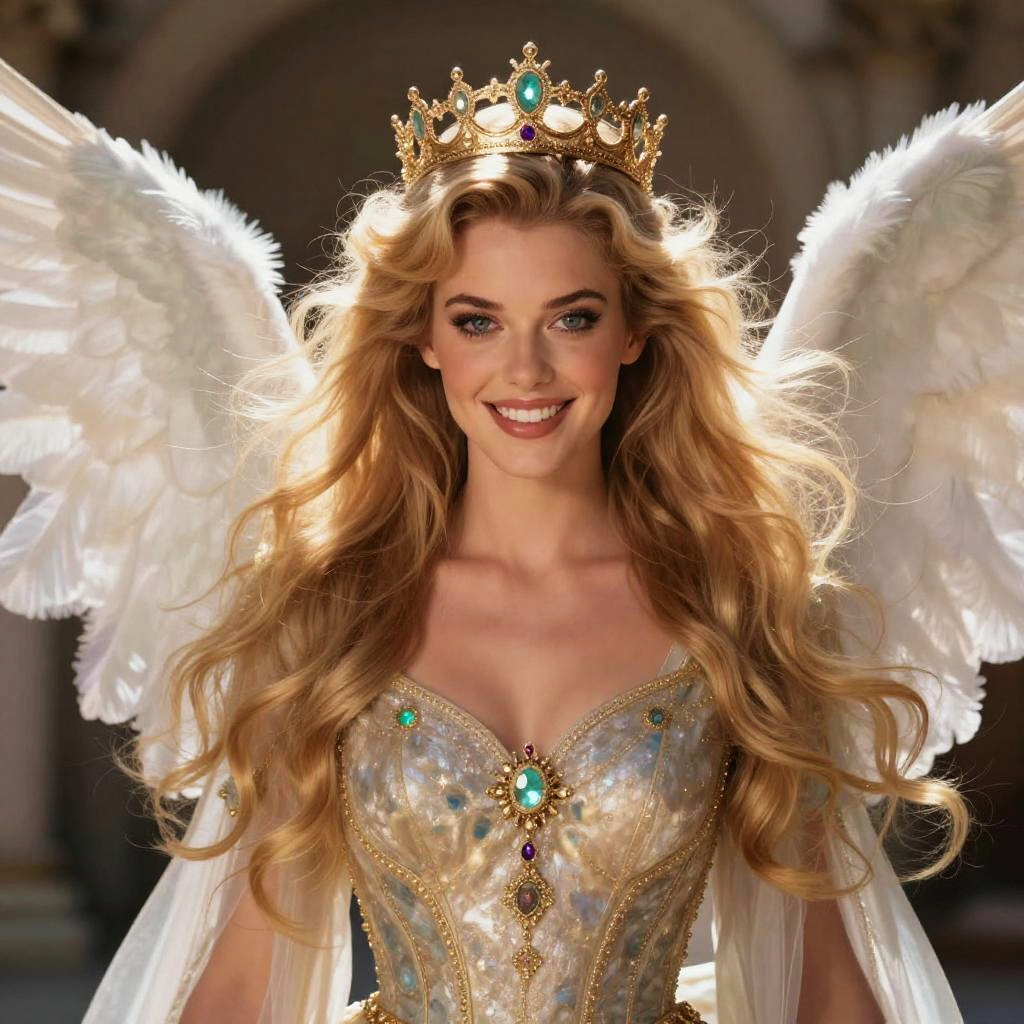 Beautiful Angel Woman with Golden Crown and Wings in Glamorous Fantasy Style