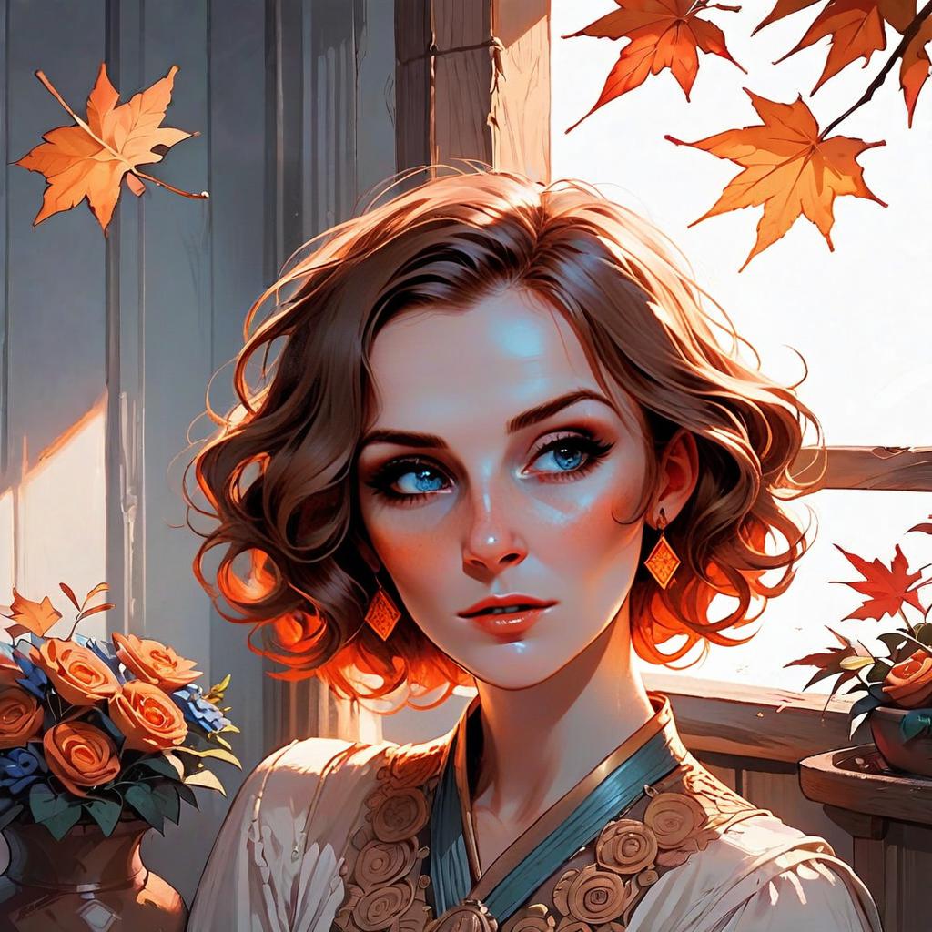 Autumn Light Portrait of Woman with Maple Leaves Digital Illustration