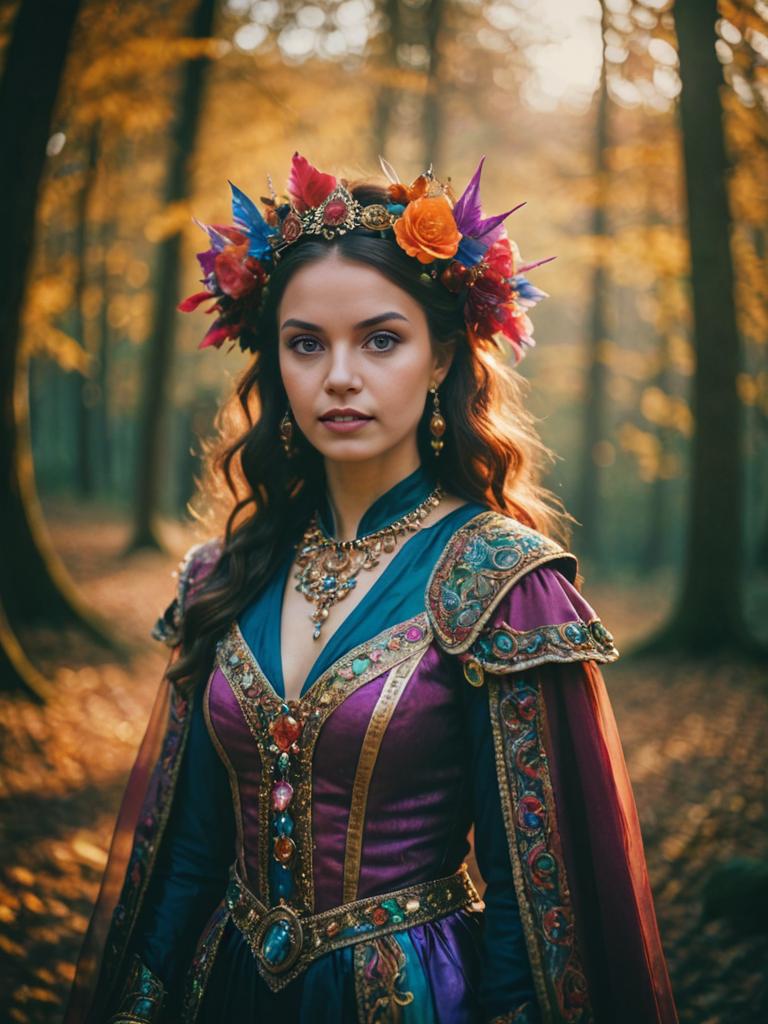 Majestic Woman in Fantasy Attire in a Forest