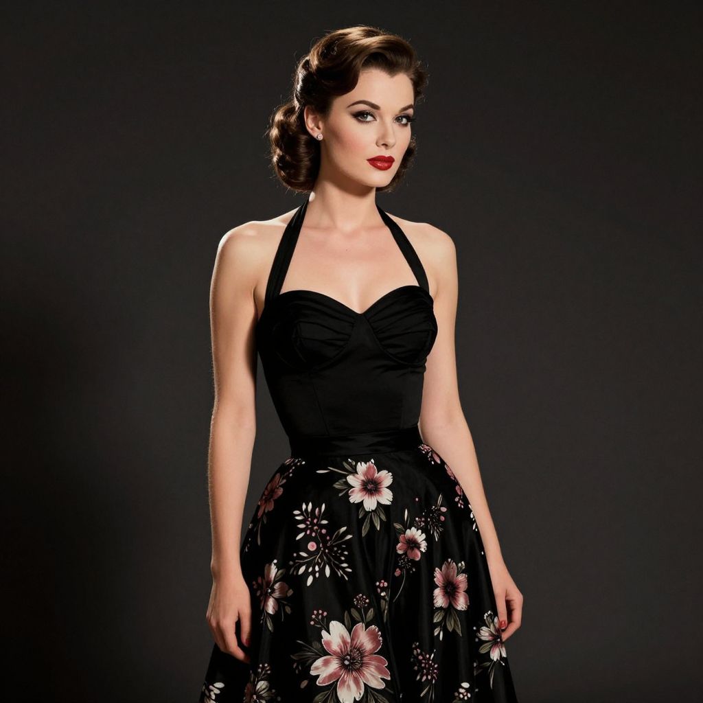Elegant Vintage Style Woman in Black Floral Halter Dress