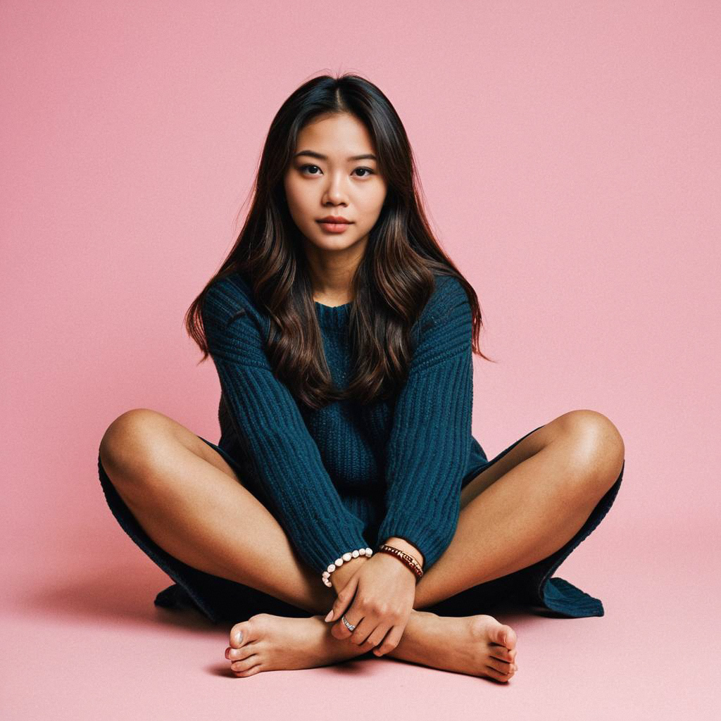 Young Woman in Dark Blue Sweater Dress on Pink Background Young Woman in Dark Blue Sweater Dress on Pink Background