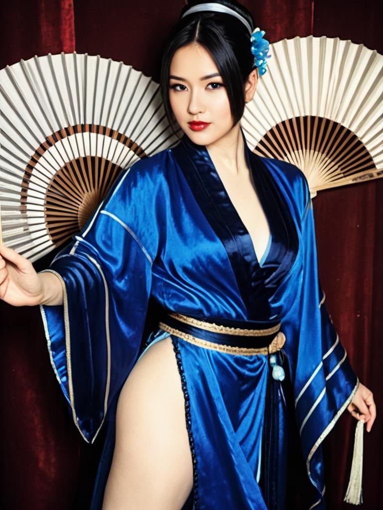 Elegant Woman in Blue Silk Kimono with Traditional Japanese Fans