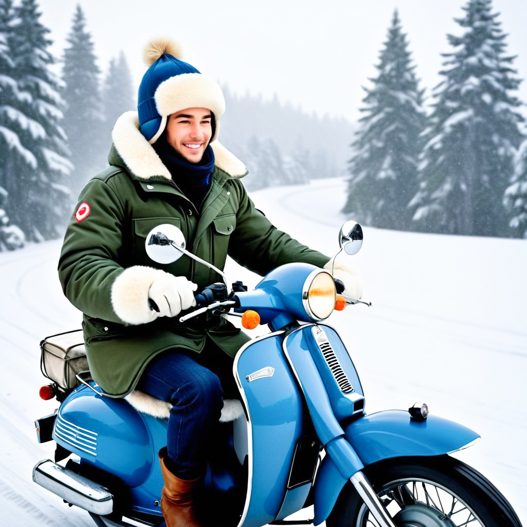 Cheerful Man on Vintage Scooter in Snowy Landscape