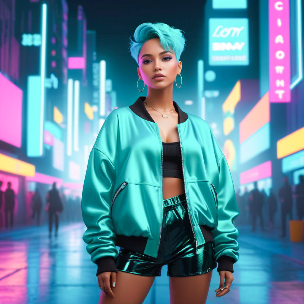 Stylish Woman with Blue Hair in Neon Urban Scene