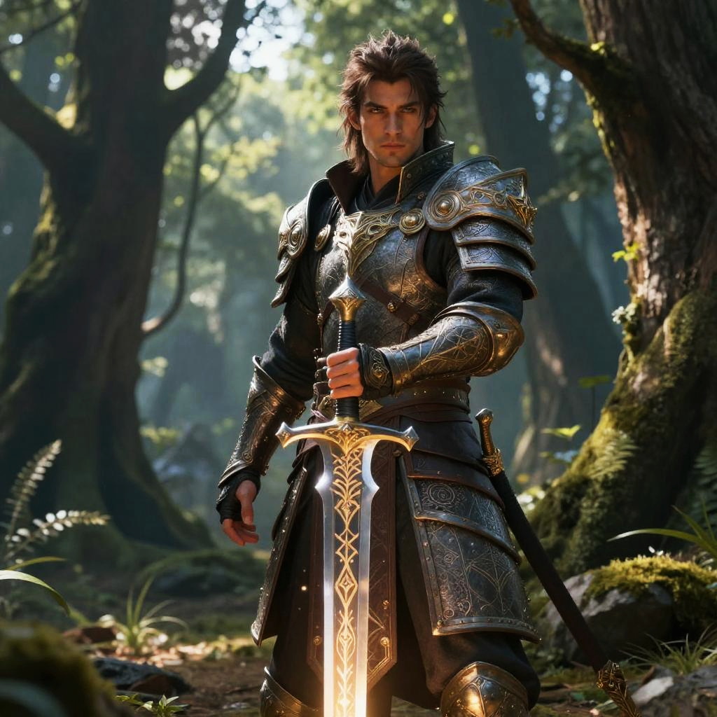 Medieval Fantasy Warrior in Ornate Armor Holding Sword in Forest