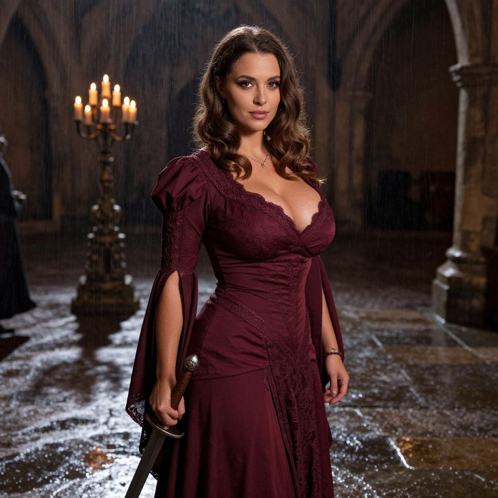 Medieval Woman in Burgundy Dress Holding Sword in Candlelit Stone Hall