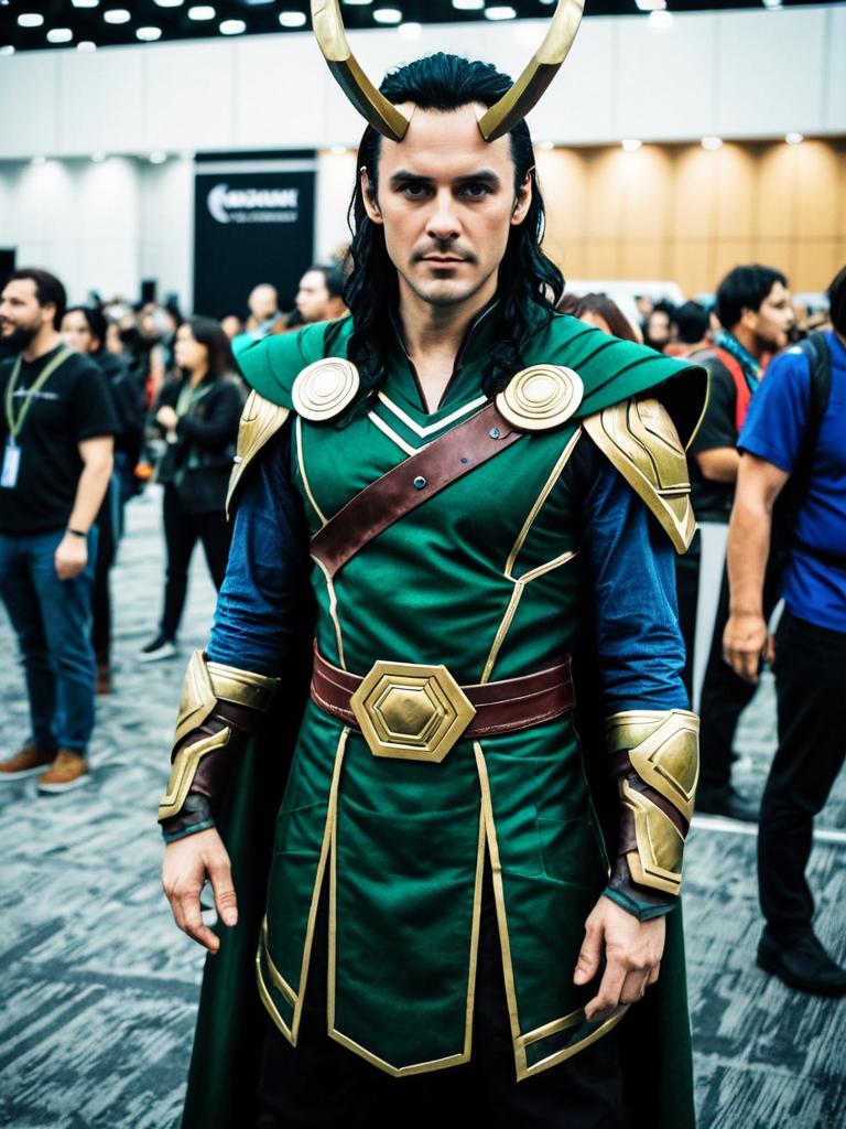Man in Loki Ragnarok Cosplay at Cosplay Festival Photorealistic