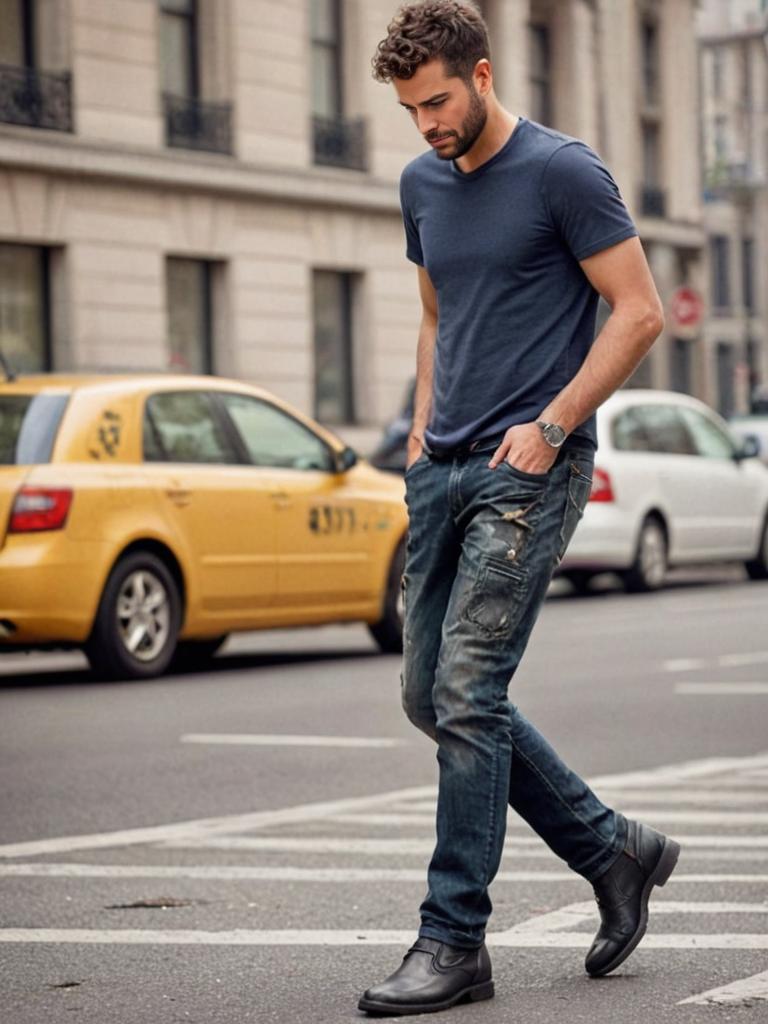 Stylish man crossing street in blue t-shirt and jeans