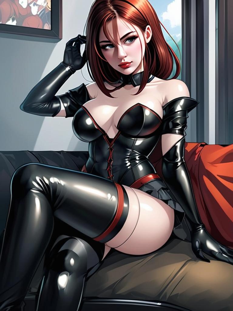 Anime Red-Haired Woman in Black Leather Outfit Digital Art
