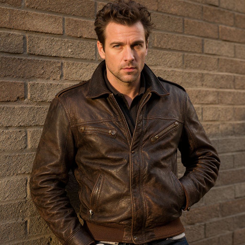 Man in Stylish Brown Leather Jacket Against Brick Wall