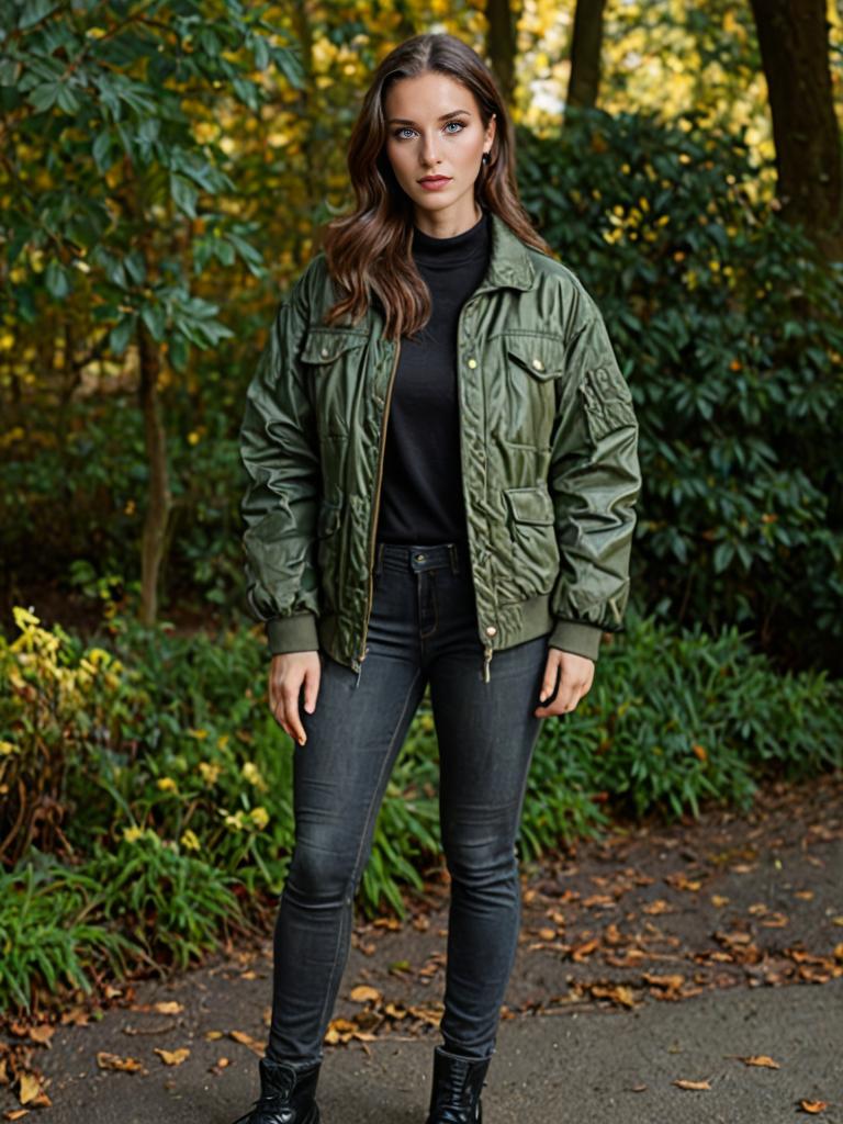 Confident Woman in Stylish Green Jacket in Lush Forest