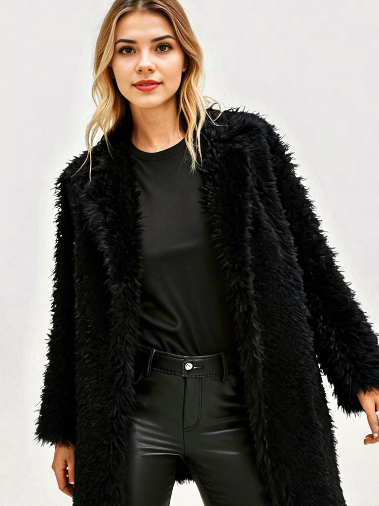 Fashionable Woman in Black Shaggy Coat