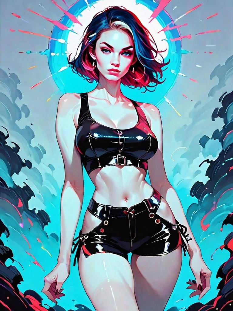 Dark Fantasy Full Body Portrait of Woman in Shiny Leather Outfit