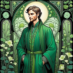 Man in Green Robe Amidst Lush Foliage - Art Nouveau