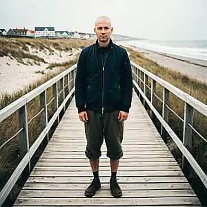 Bald man on beach boardwalk under overcast sky
