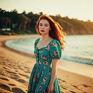 Red-Haired Woman in Vintage Floral Dress on Sunset Beach