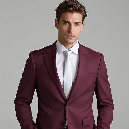Young Man Wearing Burgundy Suit with White Tie Fashion Portrait