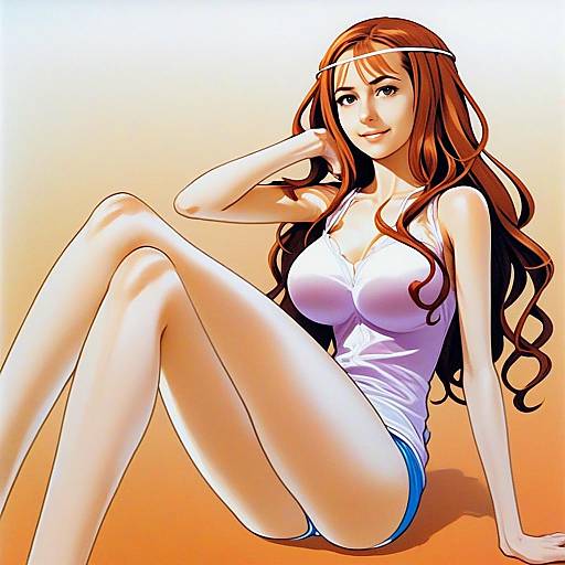 Anime Style Illustration of Woman with Long Red Hair Relaxing in Casual Summer Attire