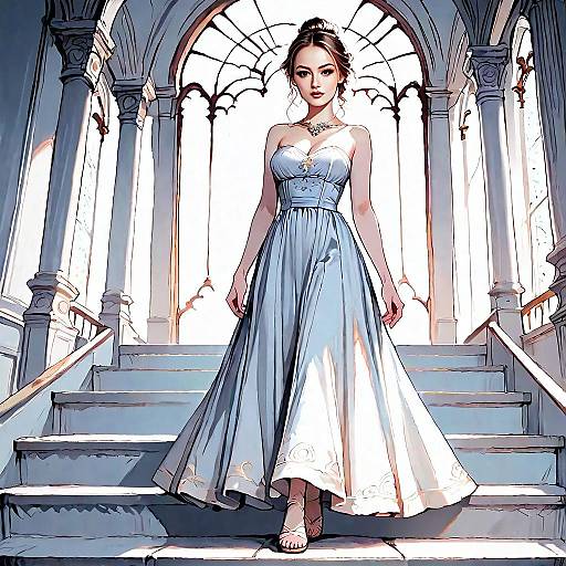 Elegant Woman in Blue Gown on Grand Staircase Digital Art