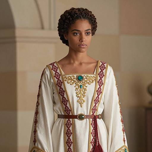 Woman Wearing Medieval Style Embroidered Gown with Turquoise Stones