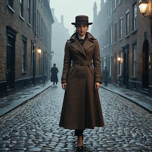 Victorian Era Woman in Brown Trench Coat on Foggy Cobblestone Street
