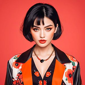 Bold Portrait of Woman with Black Hair and Orange Makeup