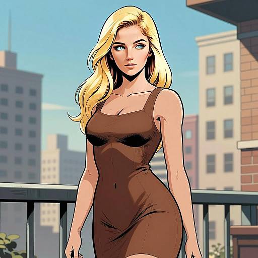Stylish Blonde Woman on City Balcony in Modern Comic Art Style