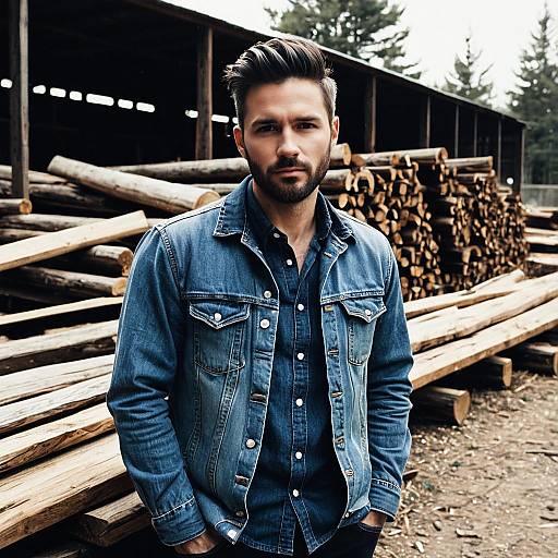 Man in Denim Jacket Standing by Lumber Yard Outdoors