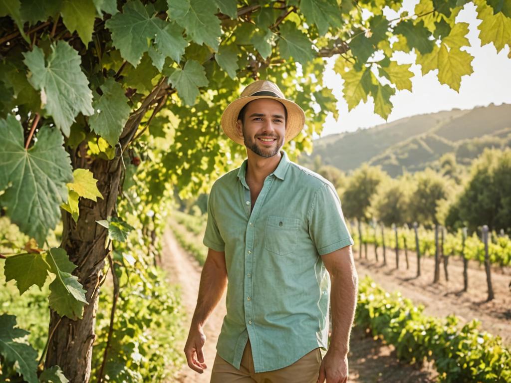 Man in Straw Hat Enjoying Vineyard Tour