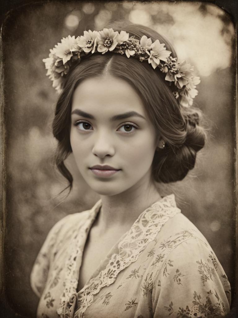 Woman in Floral Headband - Vintage Sepia Portrait