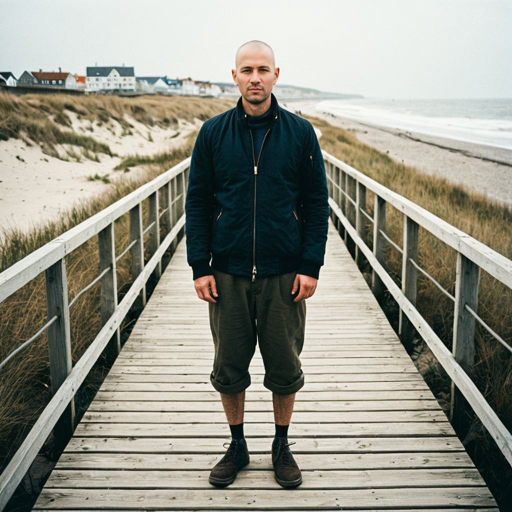 Bald man on beach boardwalk under overcast sky