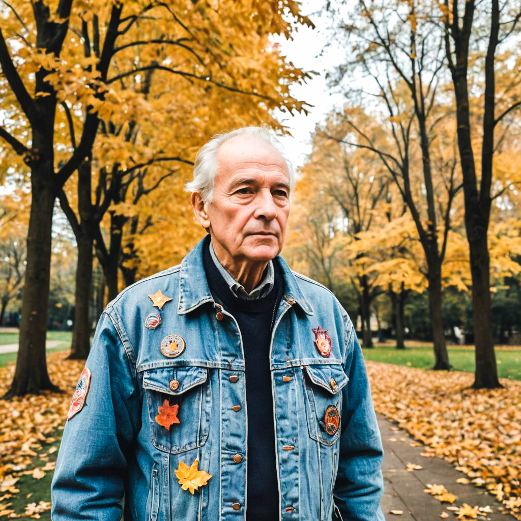 Elderly Man in Autumn Park with Colorful Denim Jacket