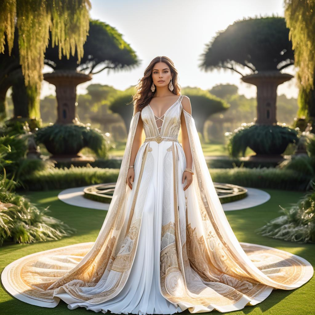 Elegant Woman in Exquisite Gown in Lush Garden