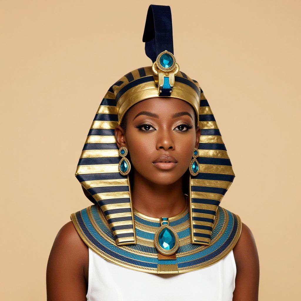 Elegant Woman in Ancient Egyptian Pharaoh Costume with Blue and Gold Accessories
