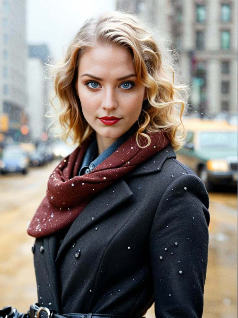 Elegant Woman with Blue Eyes in Urban Setting