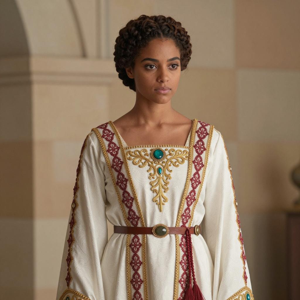 Woman Wearing Medieval Style Embroidered Gown with Turquoise Stones