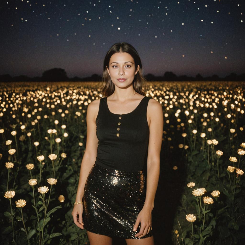 Confident Woman in a Starry Flower Field