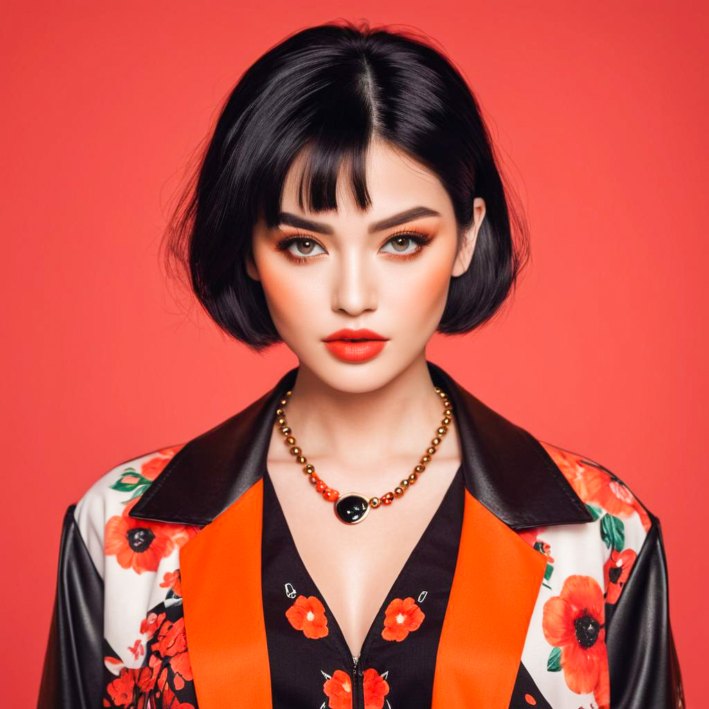 Bold Portrait of Woman with Black Hair and Orange Makeup Bold Portrait of Woman with Black Hair and Orange Makeup