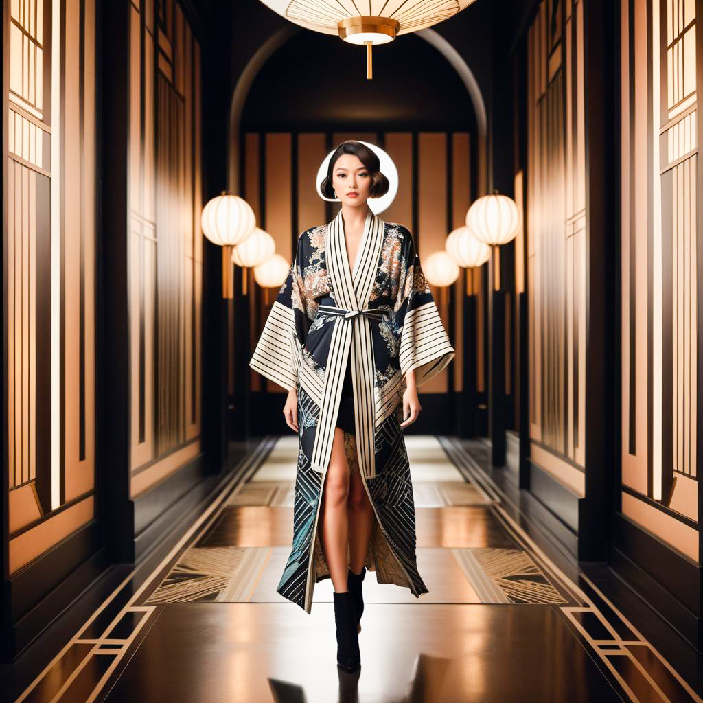 Elegant Woman in Kimono in Art Deco Corridor