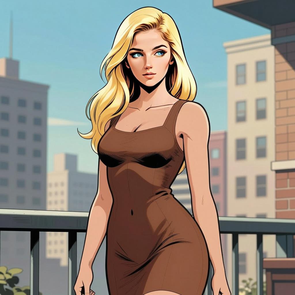 Stylish Blonde Woman on City Balcony in Modern Comic Art Style