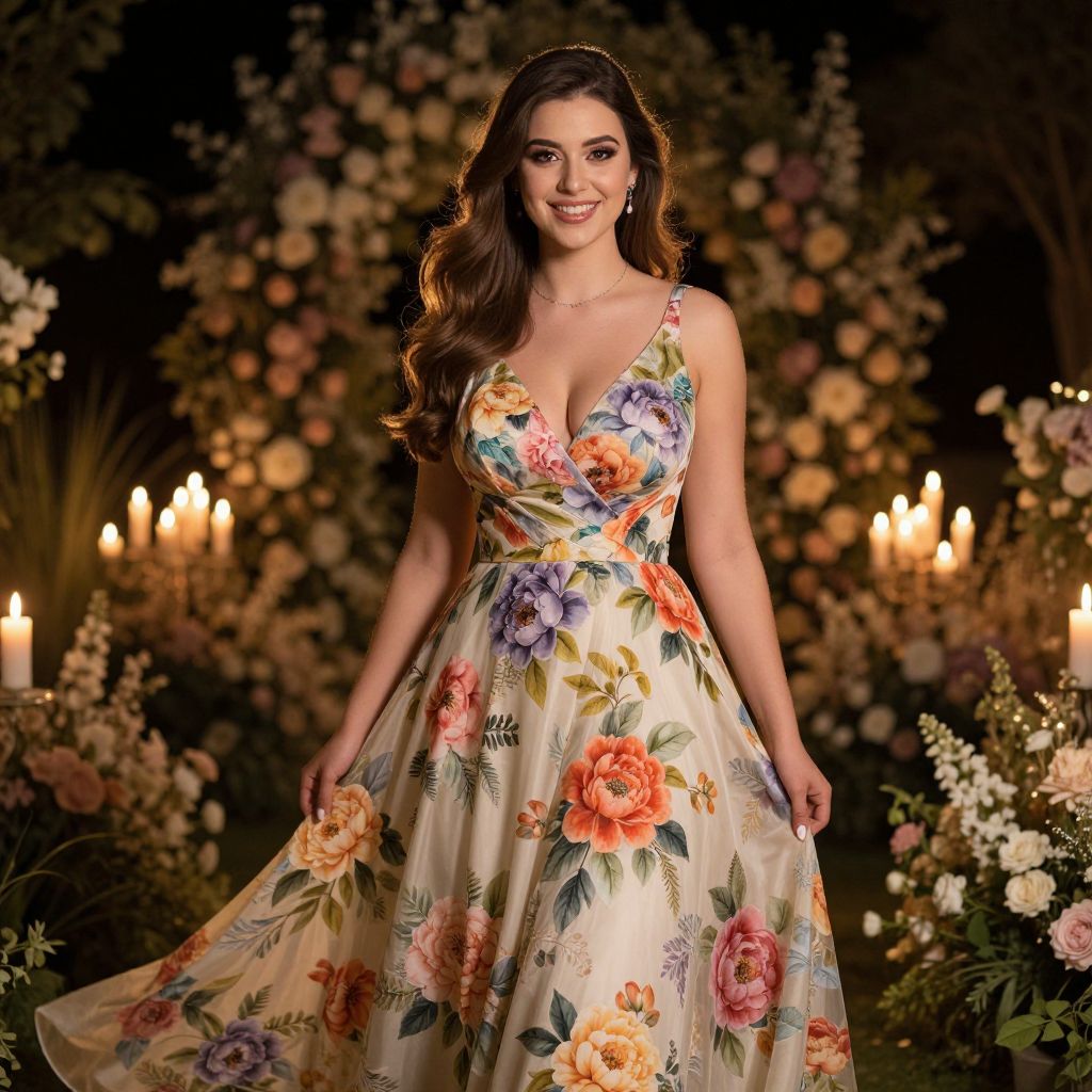 Elegant Woman in Floral Dress Posing in Candlelit Garden