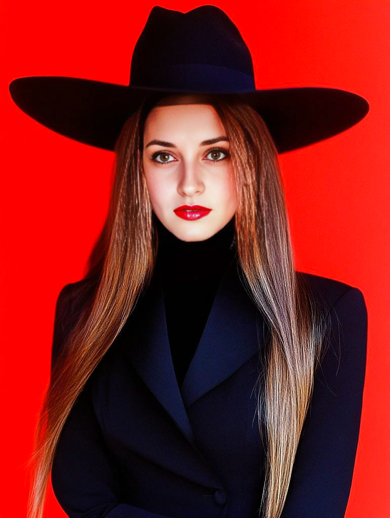 Elegant Woman in Wide-Brimmed Hat Against Red Background