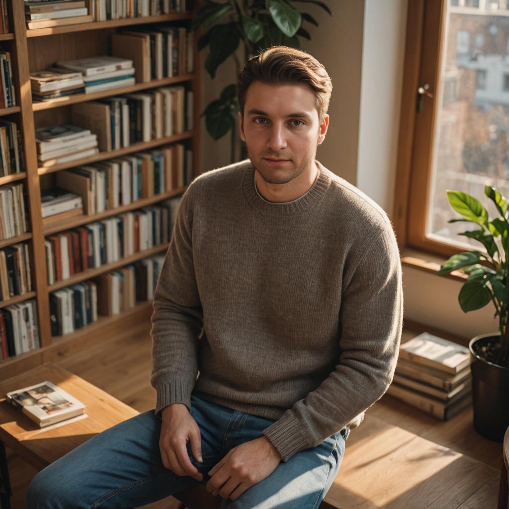 Young Man in Cozy Room with Books