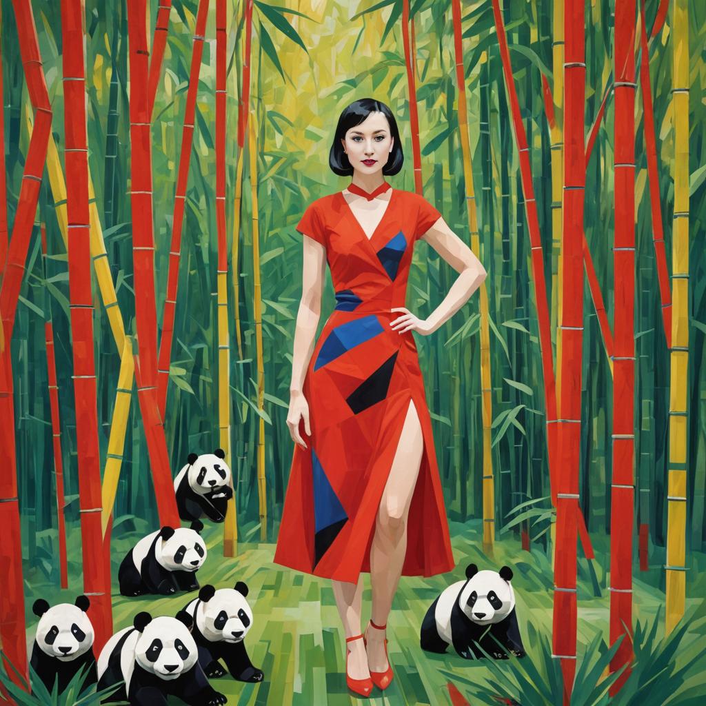 Woman in Red Dress in Bamboo Forest with Pandas