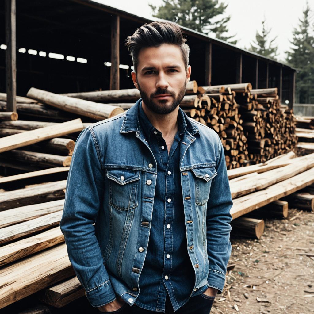 Man in Denim Jacket Standing by Lumber Yard Outdoors