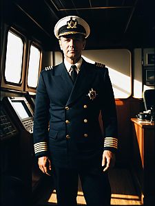 Photorealistic Portrait of Man in Ship Captain Outfit in Control Room