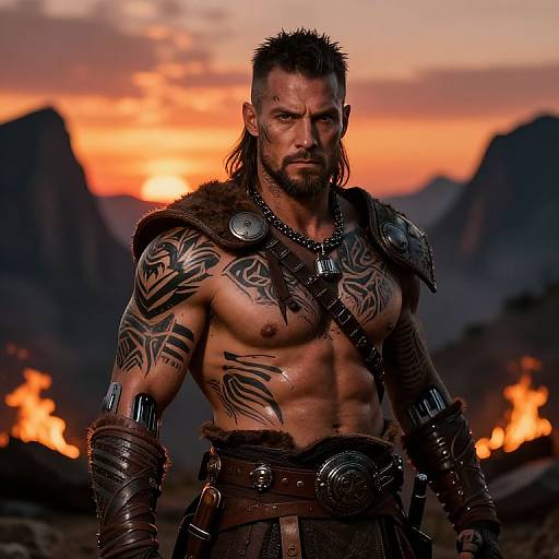 Warrior Man with Tribal Tattoos and Leather Armor at Sunset