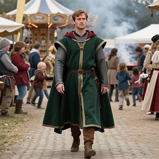 Medieval Knight in Green Cloak at Renaissance Fair