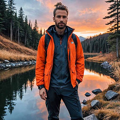 Man in Orange Jacket Hiking by Mountain Lake at Sunset
